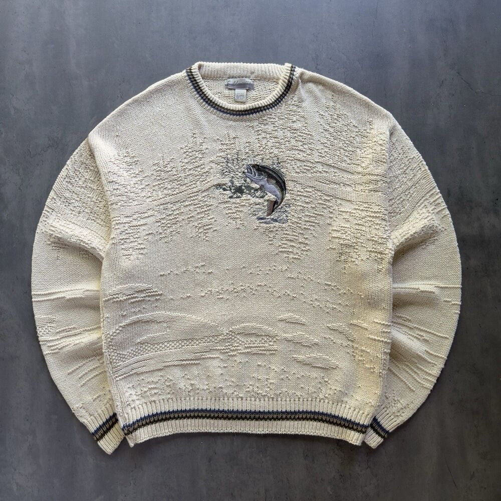 Vintage Fieldmaster Bass Fishing Sweater XL USA Cotton Embroidered Textured Knit